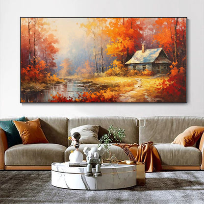 Reddish Orange Rural Landscape Oil Painting